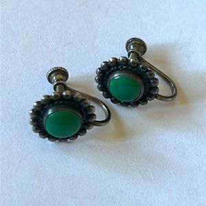 Vintage Turquoise Sterling Silver Floral Screwback Earrings
